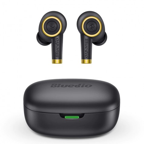 Casti bluetooth semi-in-ear Bluedio Particle cu cutie de incarcare si transport de 650mAh, Microfon, Bluetooth v5.0, VFT, Negru